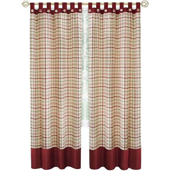 Window Curtain Panel Drapes with Double Layer Plaid Gingham Design, Button Tab - Picture 1 of 4